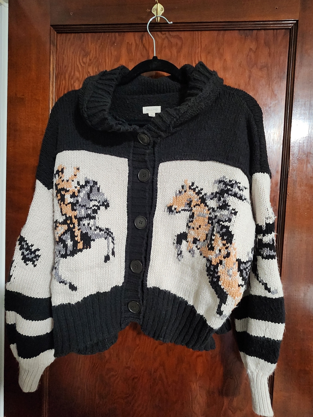Pilcro Black & Cream Horse-Graphic Button Cardigan with Tan Accents - Picture 2 of 4